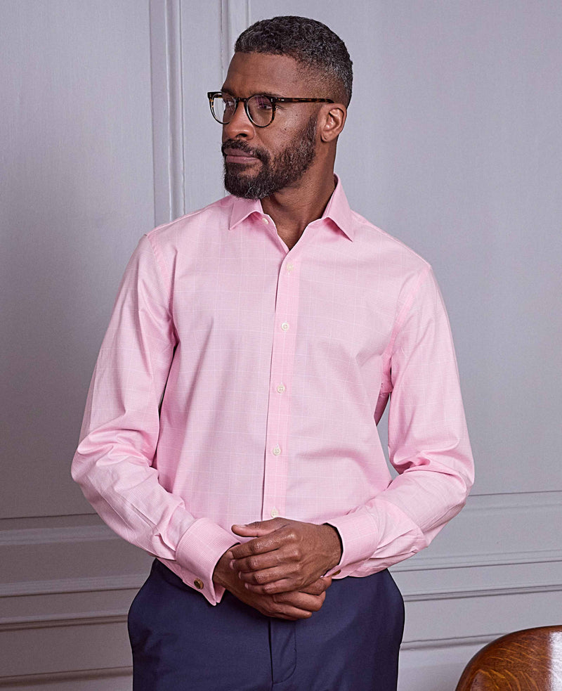 Men's Pink White Cotton Prince of Wales Check Slim Fit Formal Shirt With Double Cuff model image 2
