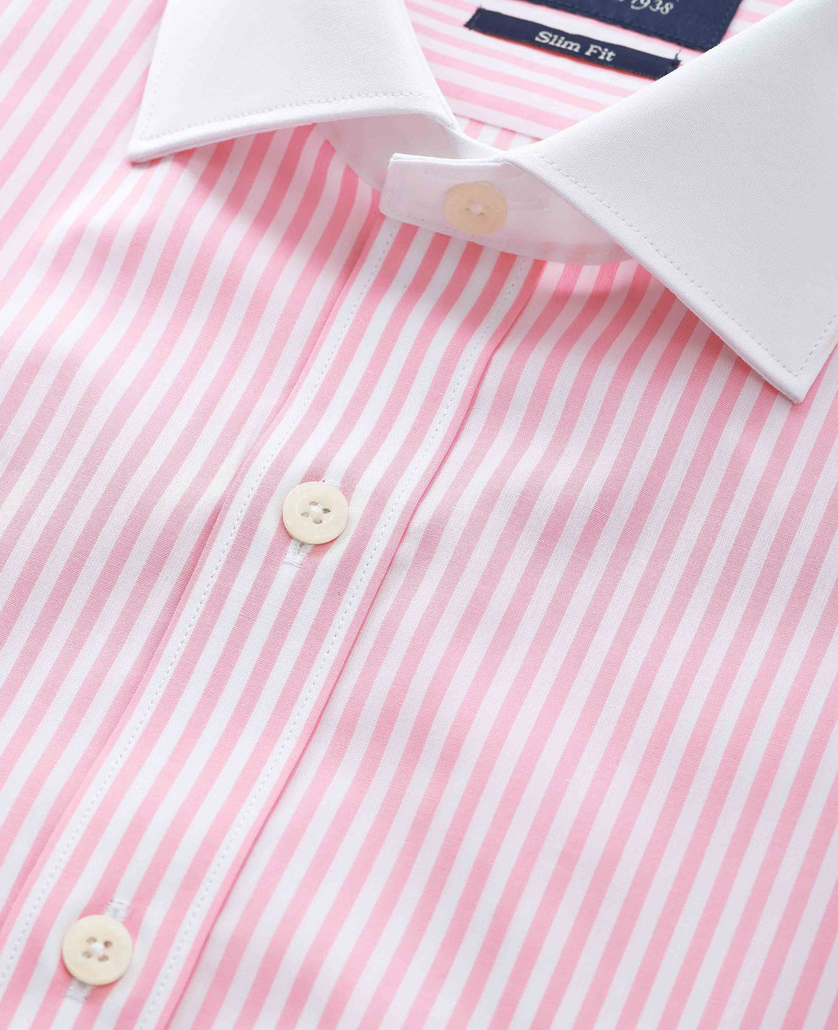 Men's Pink White Cotton Striped Slim Fit Winchester Formal Shirt With Double Cuffs collar detail
