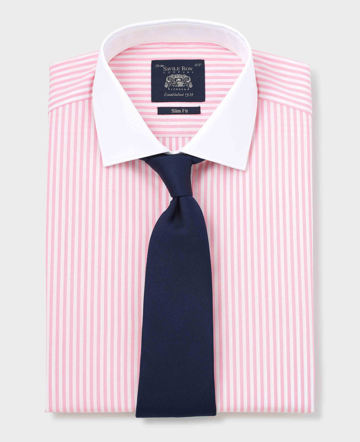Men's Pink White Cotton Striped Slim Fit Winchester Formal Shirt With Double Cuffs folded with tie
