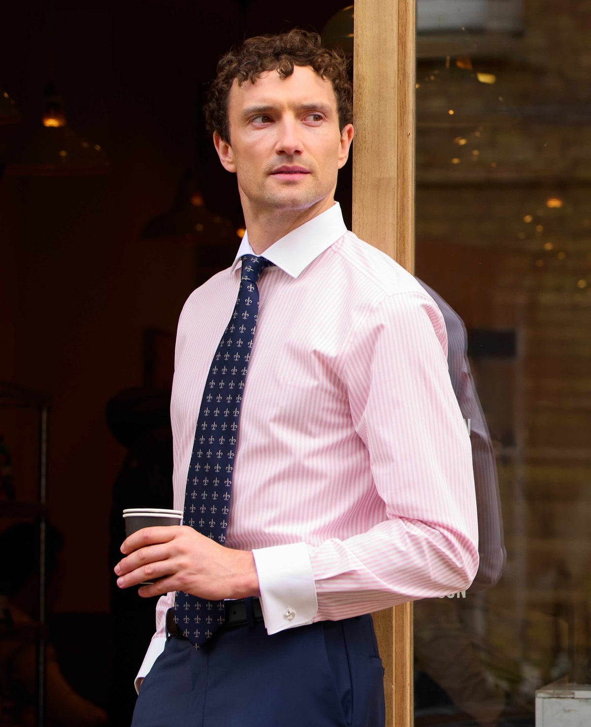 Men's Pink White Cotton Striped Slim Fit Winchester Formal Shirt With Double Cuffs model shot