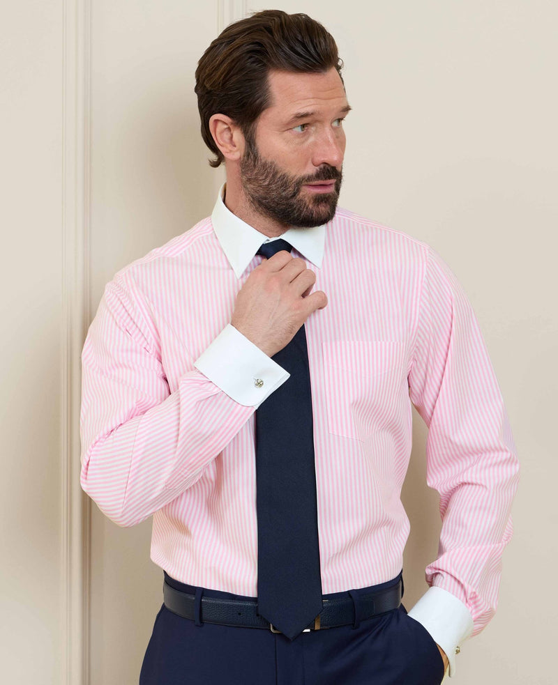 Pink White Cotton Striped Slim Fit Winchester Formal Shirt - Double Cuff