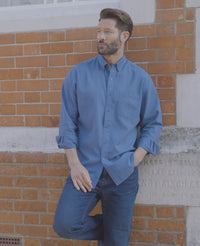 Men's Dark Blue Linen Cotton Classic Fit Button-Down Casual Shirt product video