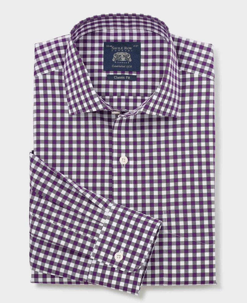 Men's Purple Gingham Check Classic Fit Formal Shirt With Single Cuffs folded shot