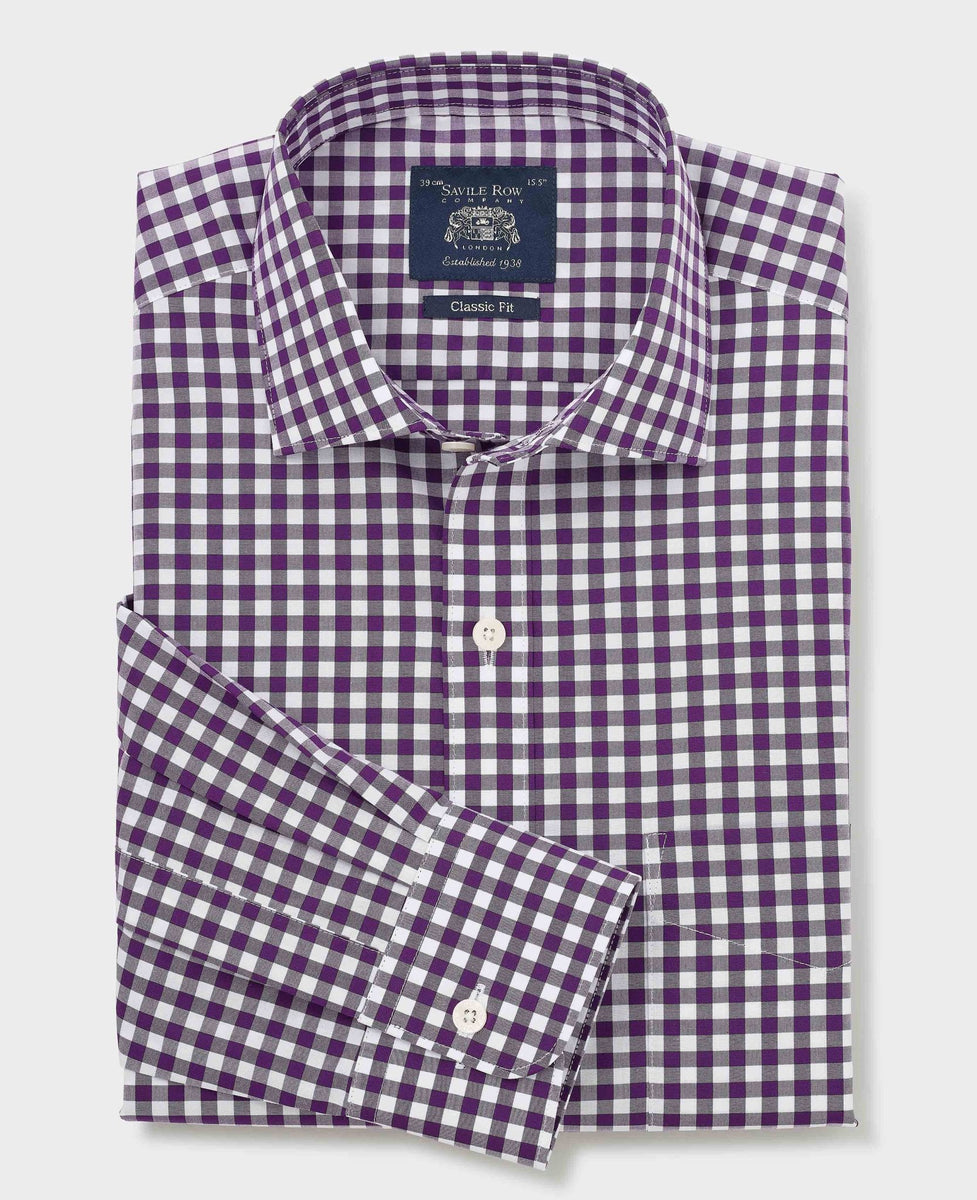 Men's Purple Gingham Check Classic Fit Formal Shirt With Single Cuffs ...