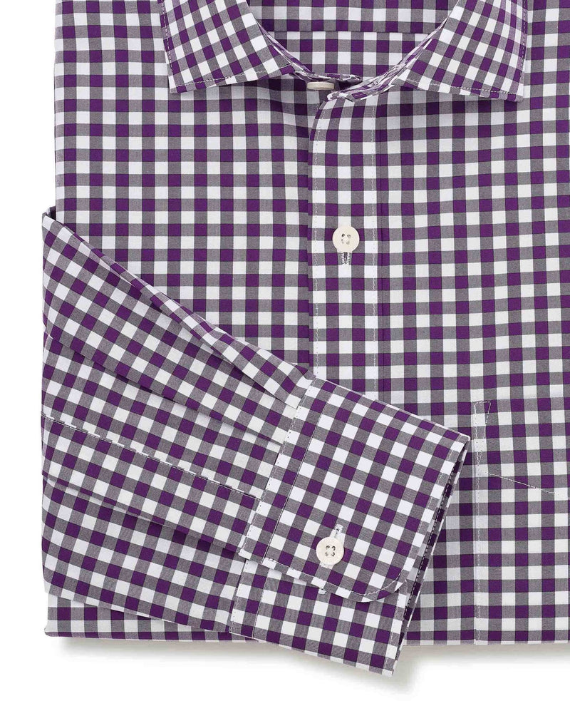 Men's Purple Gingham Check Classic Fit Formal Shirt With Single Cuffs sleeve detail