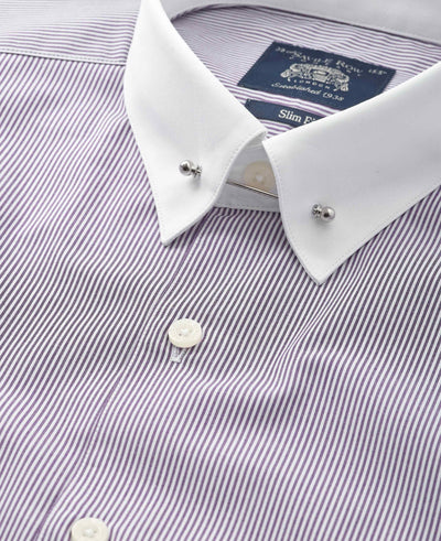 Purple White Stripe Cotton Poplin Slim Fit Pin Collar Formal Shirt - Double Cuff