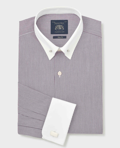 Purple White Stripe Cotton Poplin Slim Fit Pin Collar Formal Shirt - Double Cuff