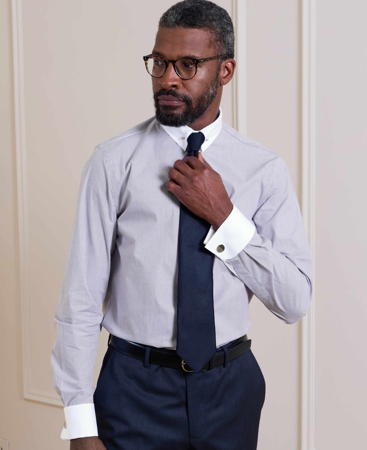 Purple White Stripe Cotton Poplin Slim Fit Pin Collar Formal Shirt - Double Cuff