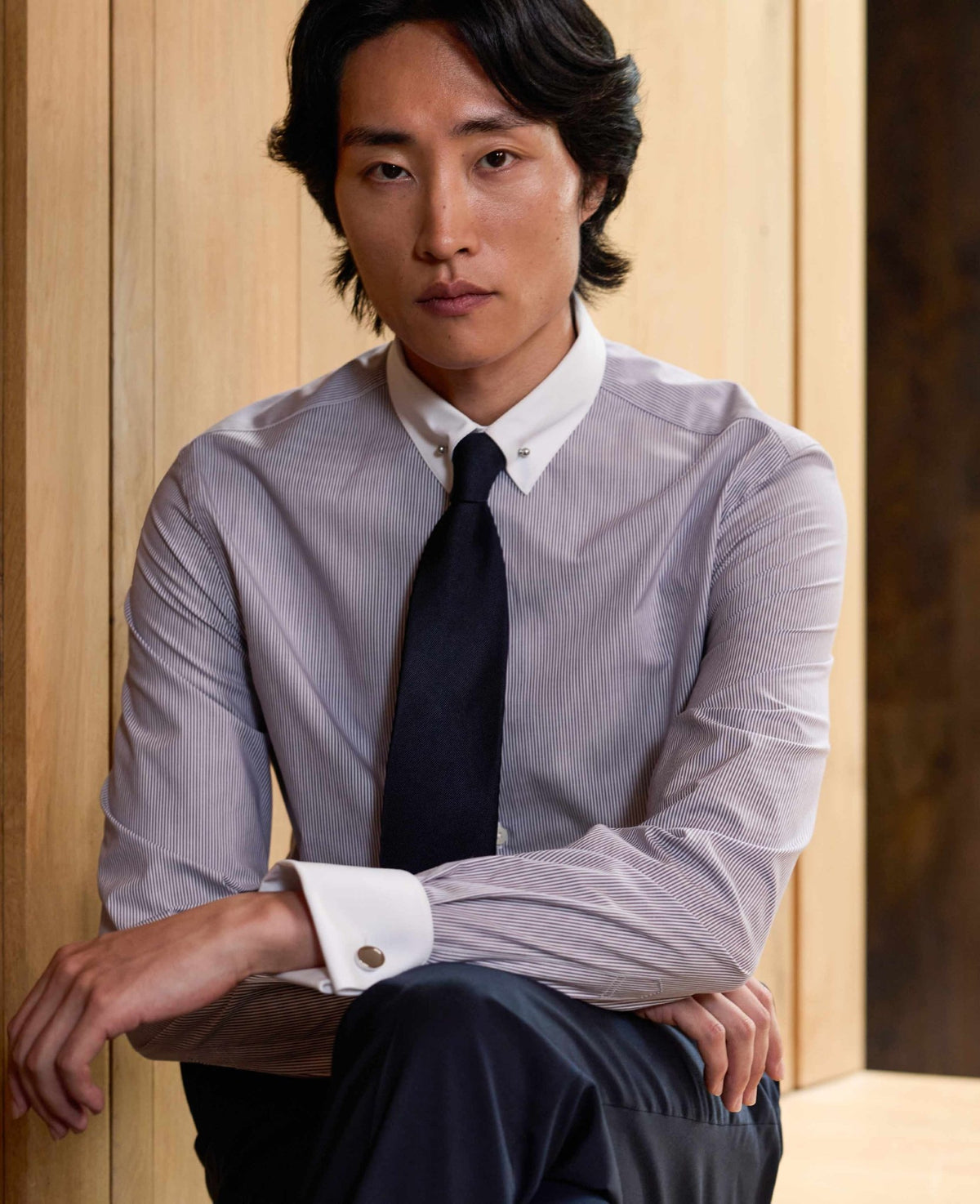 Purple White Stripe Cotton Poplin Slim Fit Pin Collar Formal Shirt - Double Cuff