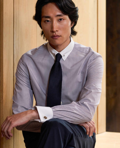 Purple White Stripe Cotton Poplin Slim Fit Pin Collar Formal Shirt - Double Cuff