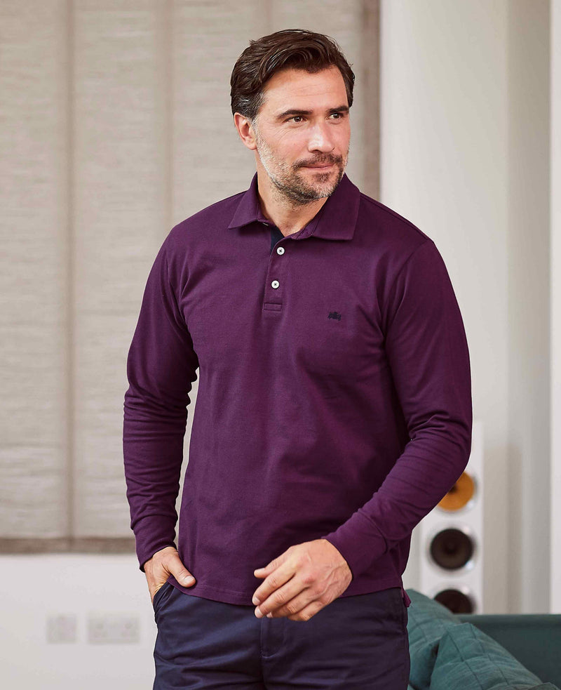 Deep purple Cotton-Pique Long Sleeve Polo Shirt