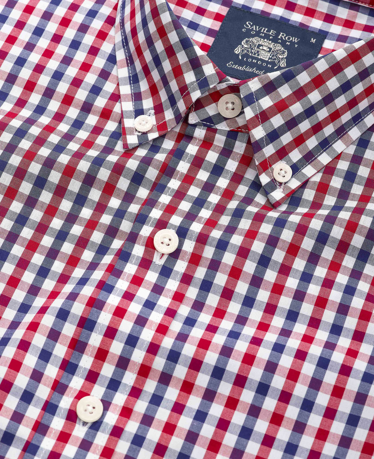 Men's Red Blue Poplin Gingham Check Slim Fit Casual Shirt collar detail