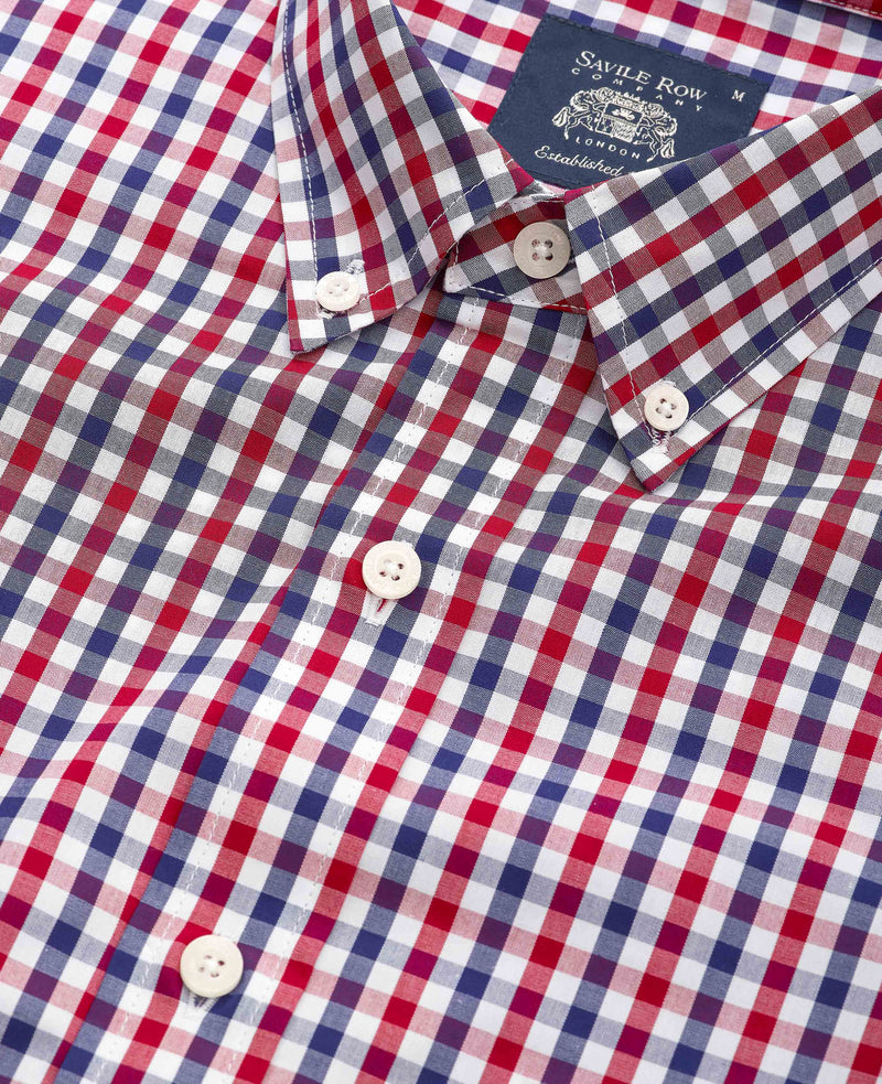 Red Blue Poplin Gingham Check Slim Fit Casual Shirt
