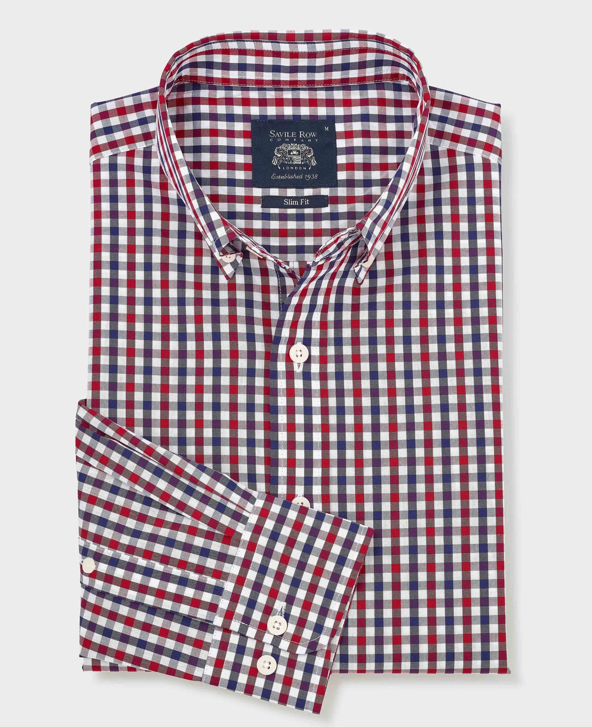 Men's Red Blue Poplin Gingham Check Slim Fit Casual Shirt folded shot