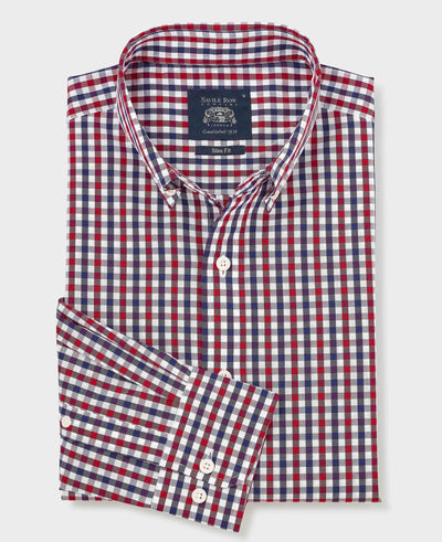 Red Blue Poplin Gingham Check Slim Fit Casual Shirt