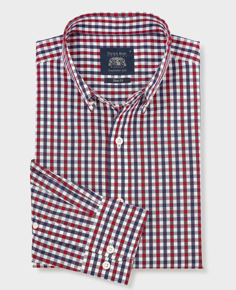 Red Blue Poplin Gingham Check Slim Fit Casual Shirt
