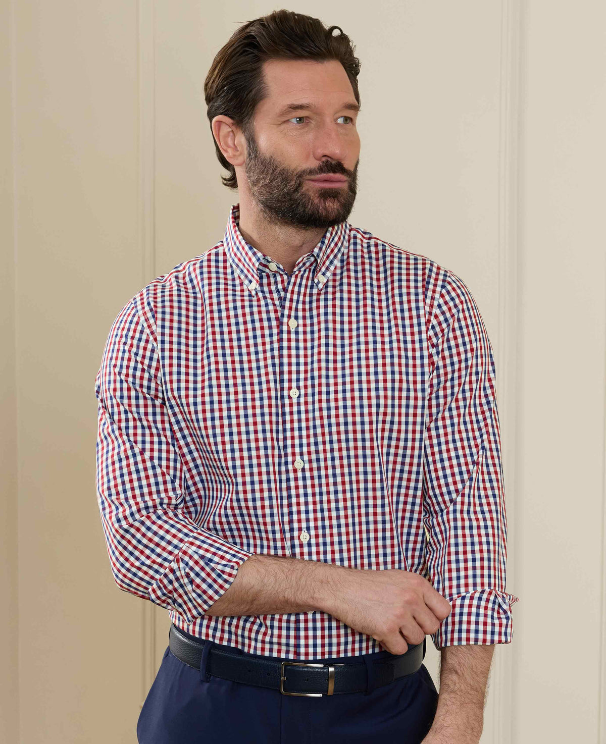 Men's Red Blue Poplin Gingham Check Slim Fit Casual Shirt model shot