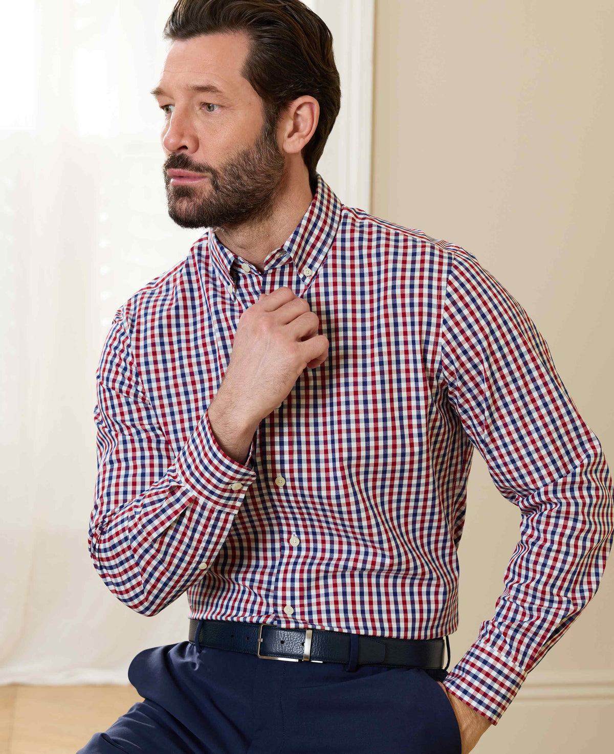 Men's Red Blue Poplin Gingham Check Slim Fit Casual Shirt model shot