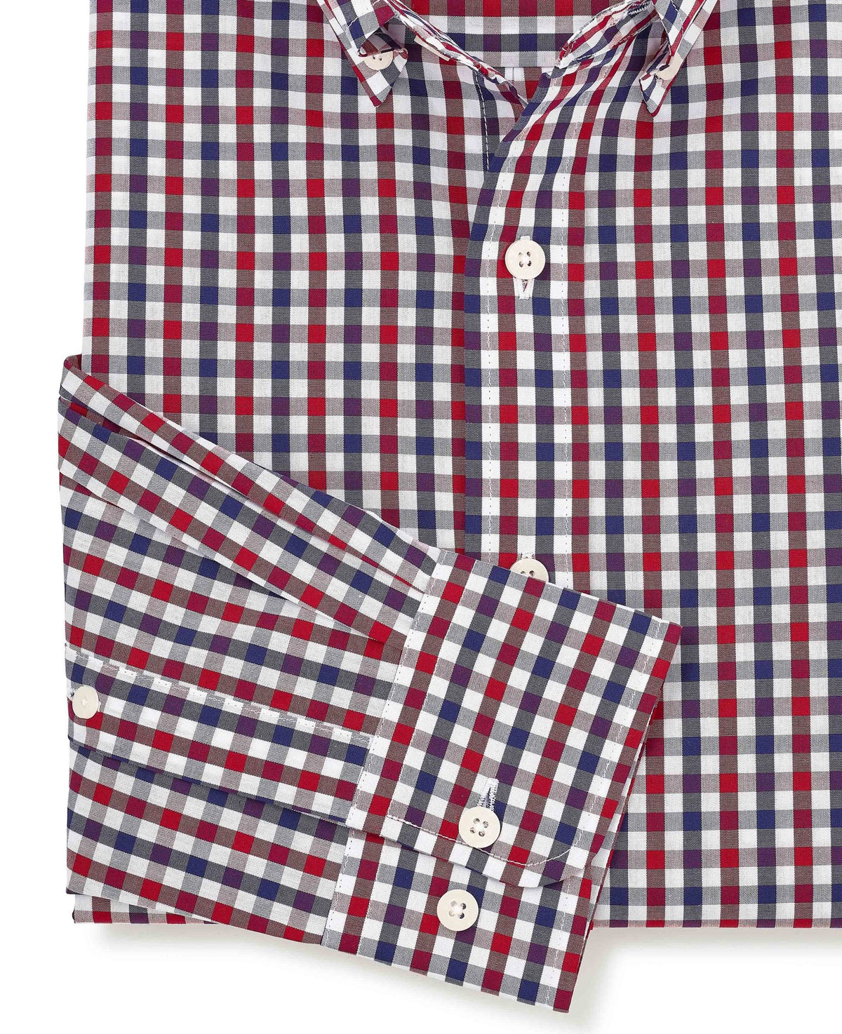 Men's Red Blue Poplin Gingham Check Slim Fit Casual Shirt sleeve detail