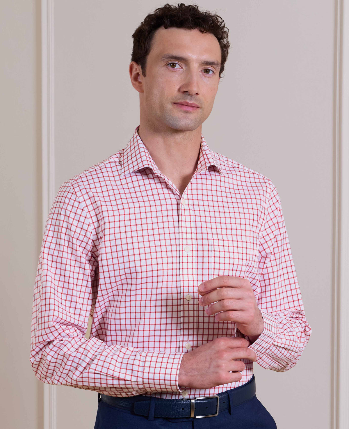 Red Check Cotton Twill Classic Fit Formal Shirt - Single Cuff