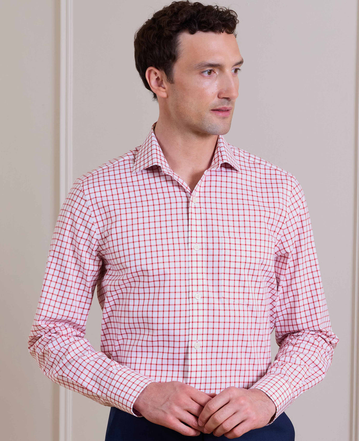 Red Check Cotton Twill Classic Fit Formal Shirt - Single Cuff