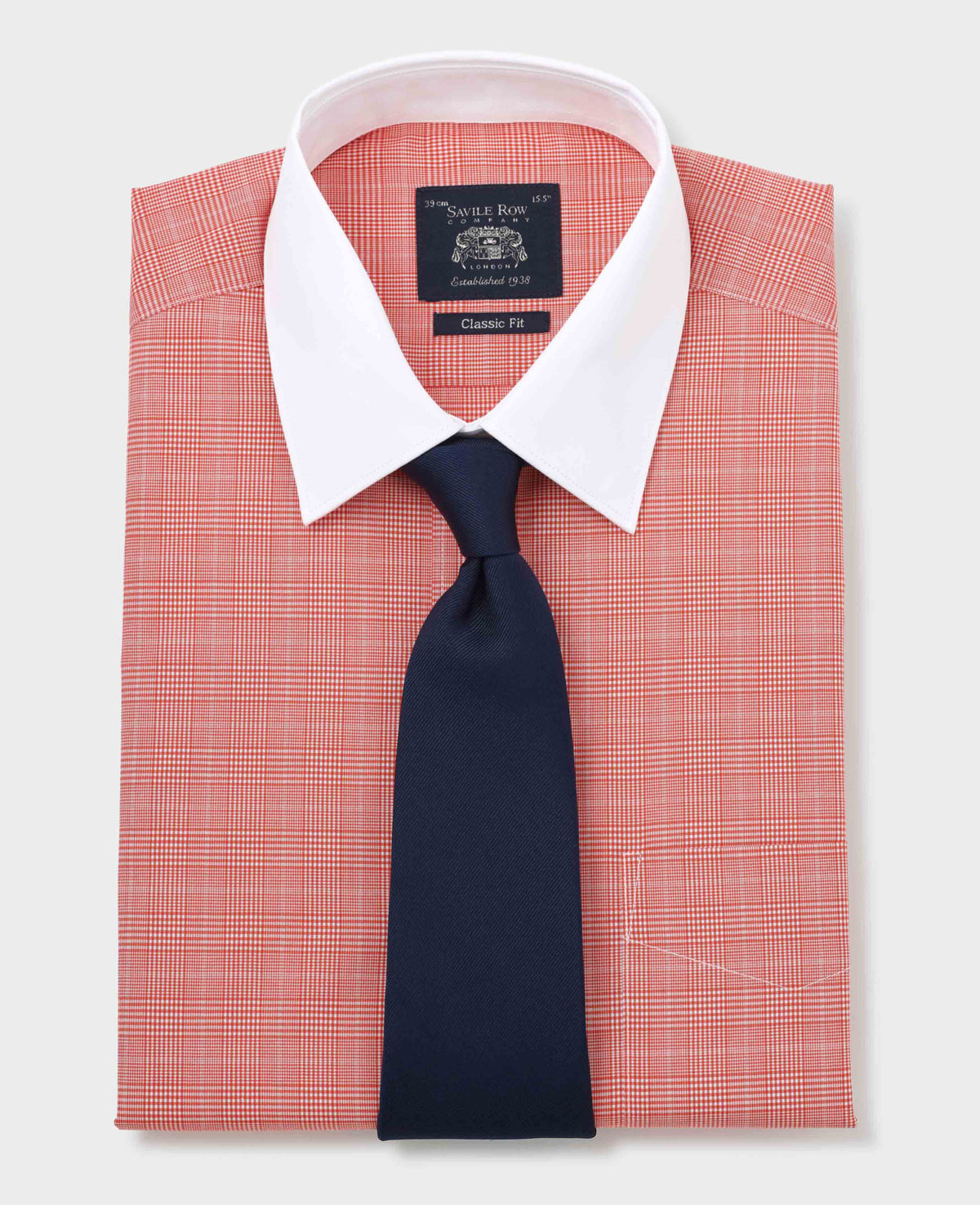 Red Prince of Wales dress shirt with white collar and navy tie