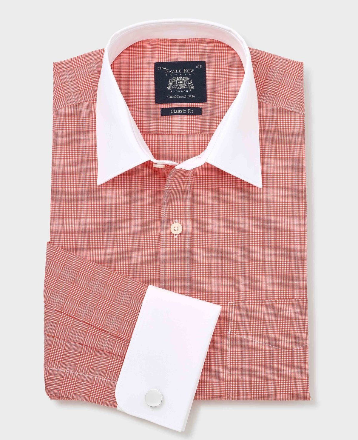 Red Prince of Wales Check dress shirt with white collar and cuffs folded