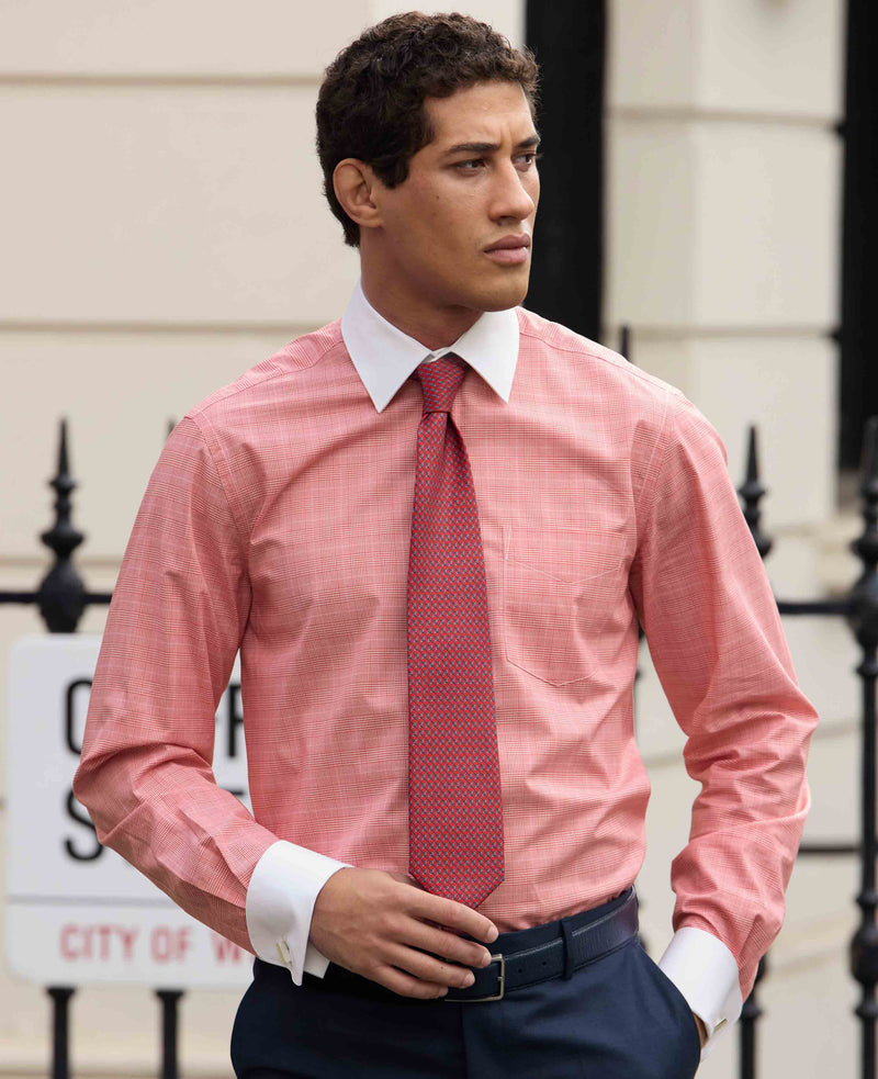 Red Cotton Prince of Wales Check Classic Fit Winchester Formal Shirt - Double Cuff