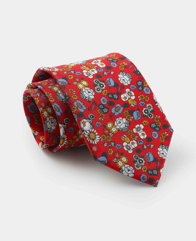 Men's Red Floral Print Silk Tie