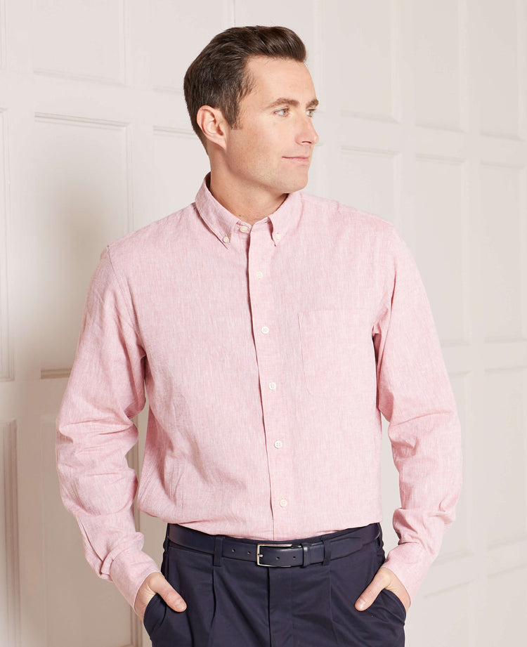 Men's Dusty Red Linen Cotton Blend Button-Down Casual Shirt