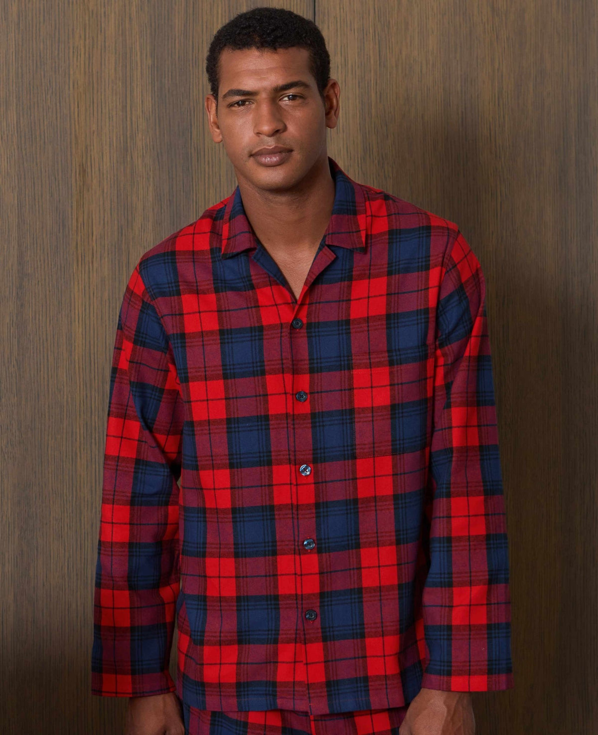 Men's Red Multi Brushed Cotton Twill Window Check Pyjamas model shot