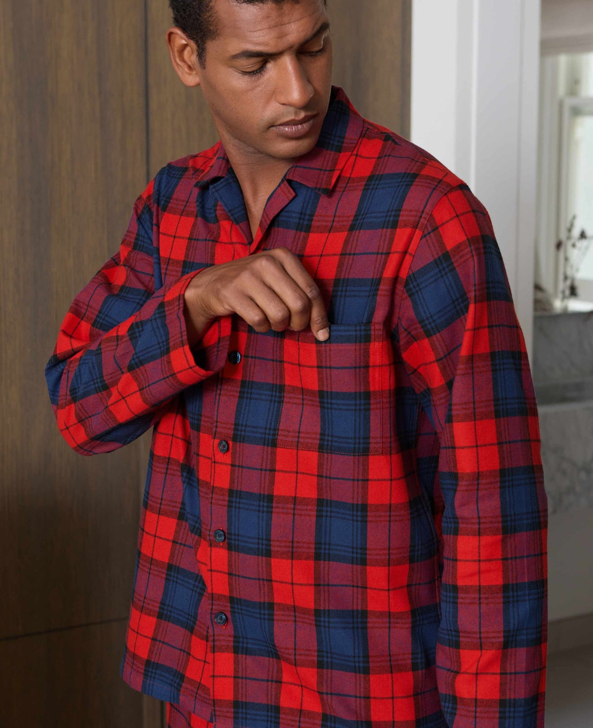 Men's Red Multi Brushed Cotton Twill Window Check Pyjamas model shot