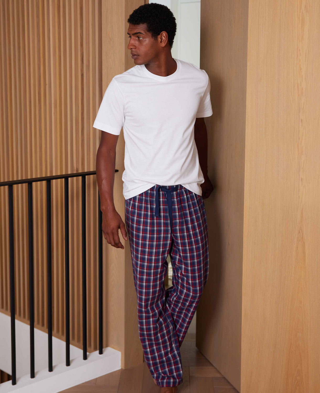 red navy white check brushed cotton lounge pants mlp1126rew model image 2