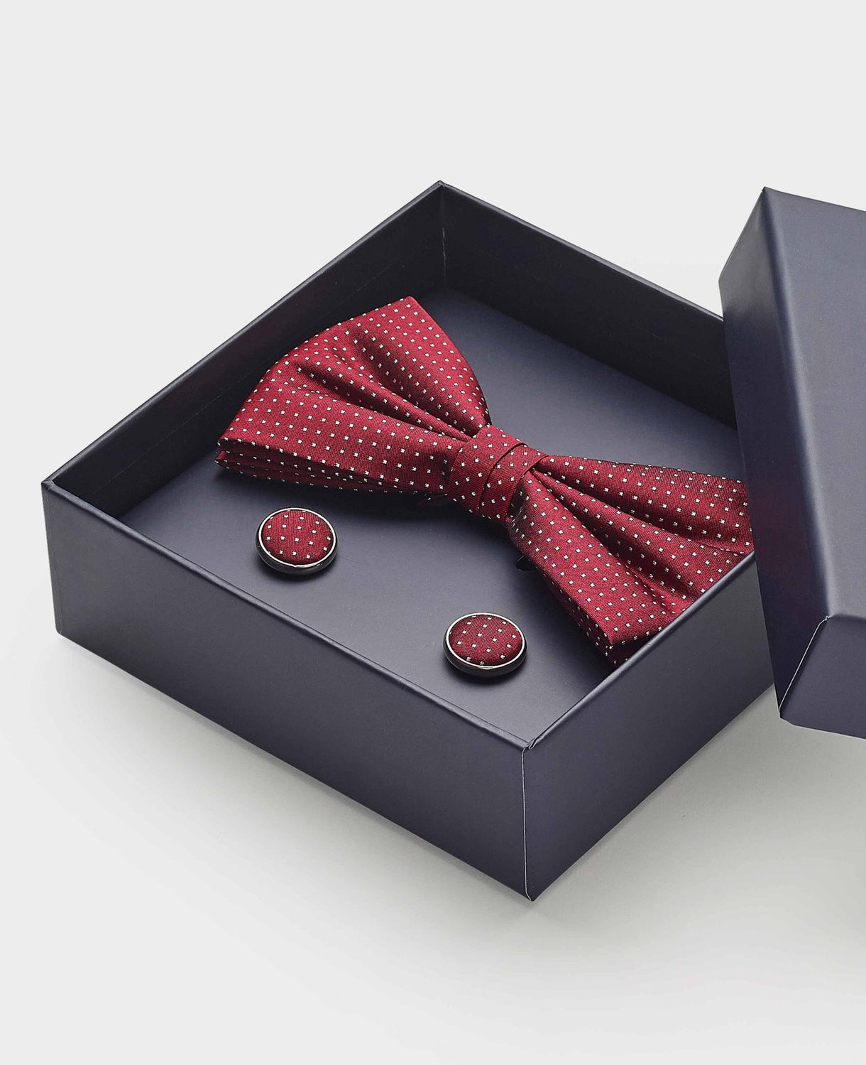 Men's Red Silk Pinspot Self Bow Tie & Cufflink Set