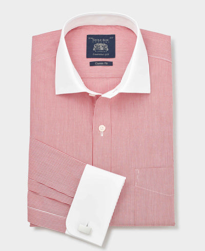 Red White Stripe Cotton Poplin Classic Fit Winchester Formal Shirt - Double Cuff