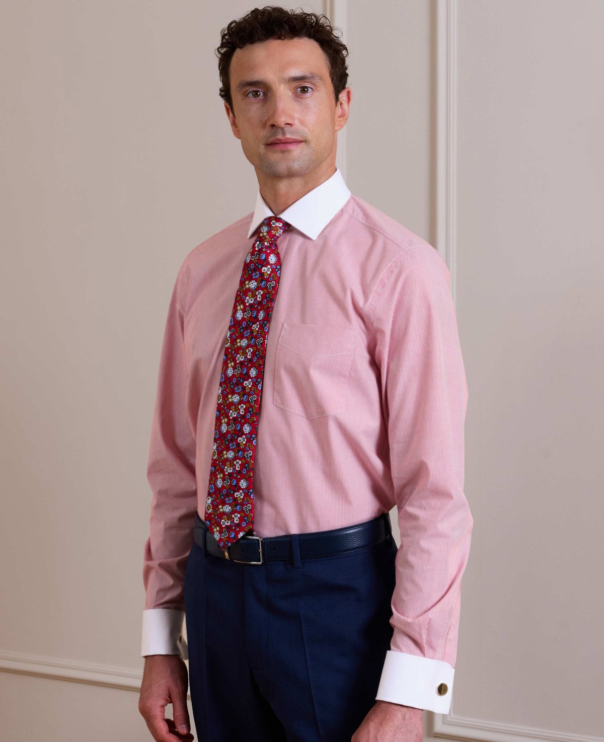 Red White Stripe Cotton Poplin Classic Fit Winchester Formal Shirt - Double Cuff