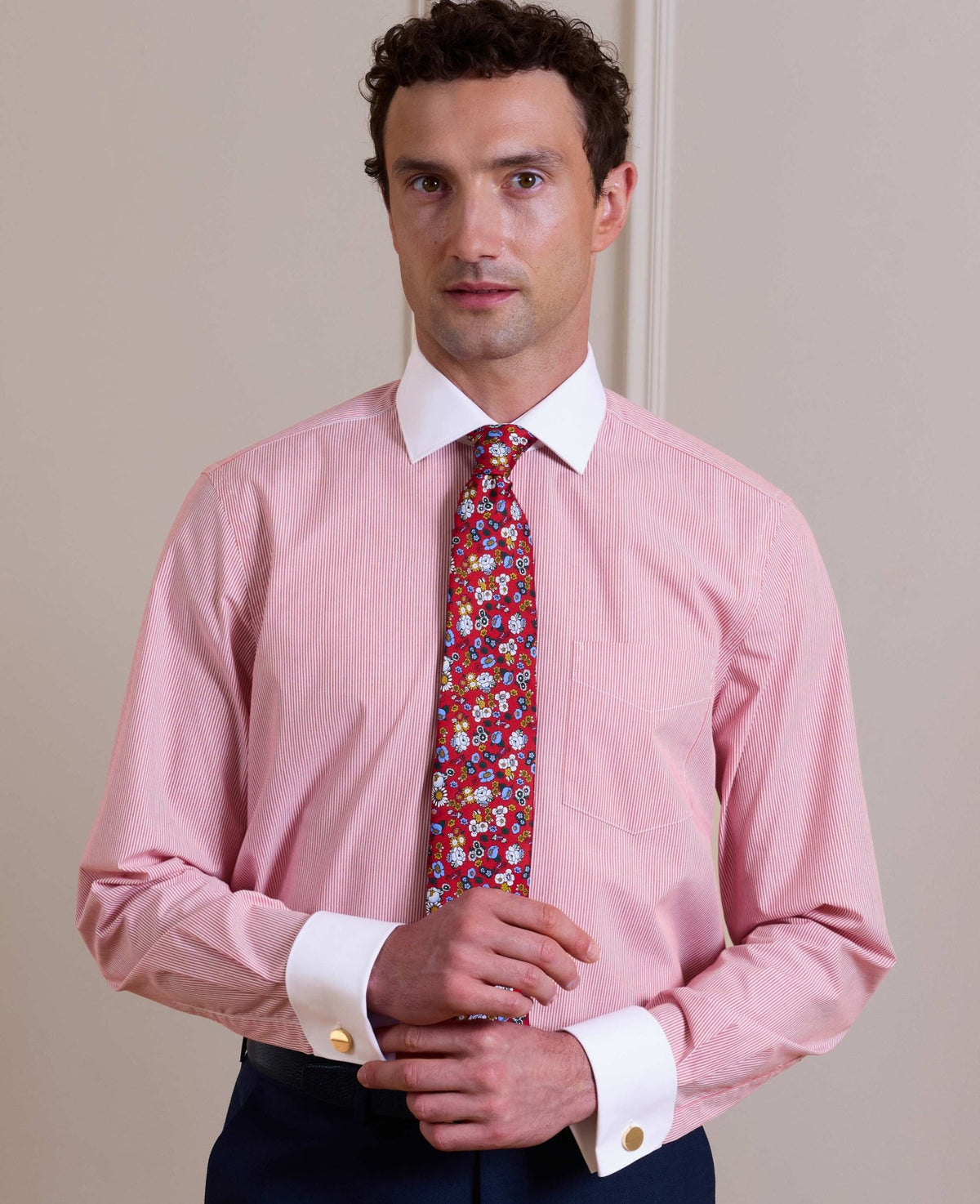 Red White Stripe Cotton Poplin Classic Fit Winchester Formal Shirt - Double Cuff