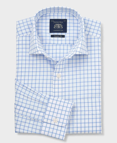 Sky Blue Check Cotton Twill Classic Fit Formal Shirt - Single Cuff