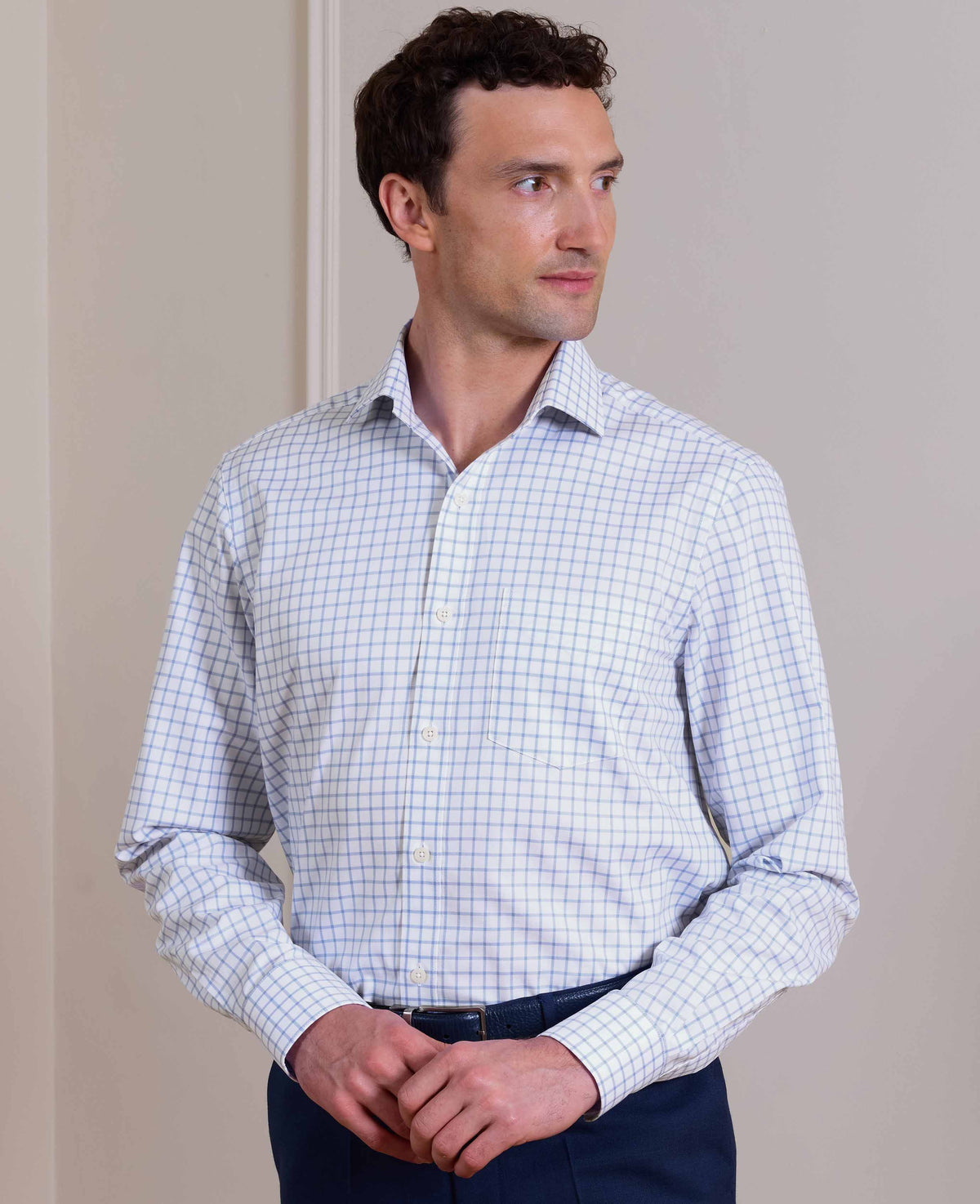 Sky Blue Check Cotton Twill Classic Fit Formal Shirt - Single Cuff