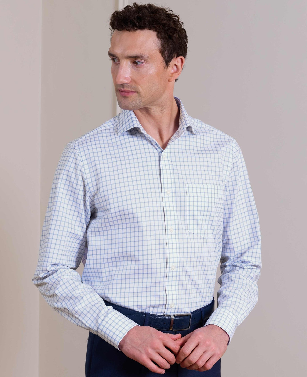 Sky Blue Check Cotton Twill Classic Fit Formal Shirt - Single Cuff