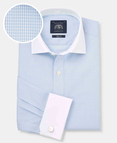 Sky Blue Cotton Gingham Check Slim Fit Winchester Formal Shirt - Double Cuff