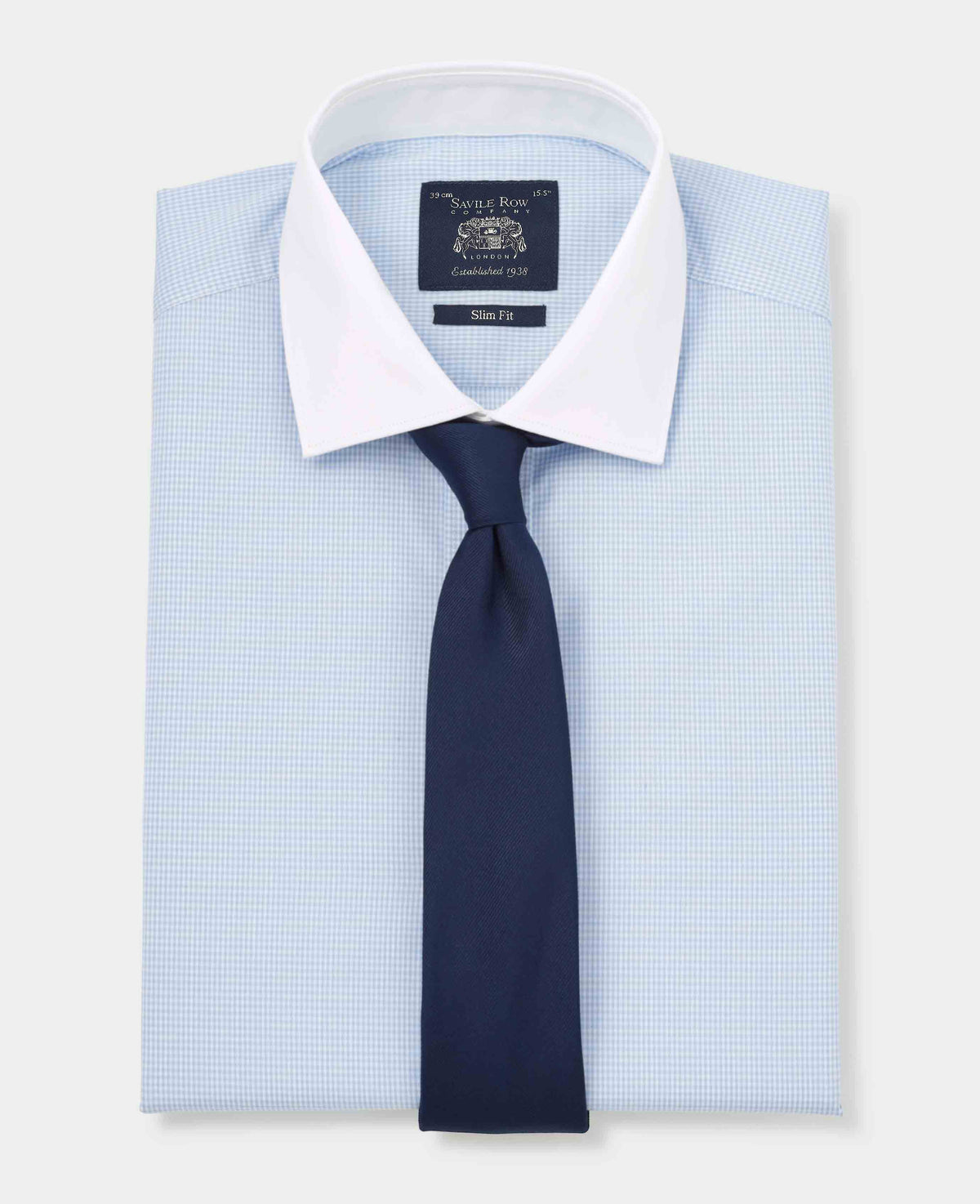 Men's Sky Blue Cotton Check Slim Fit Winchester Formal Shirt With Double Cuffs folded with tie