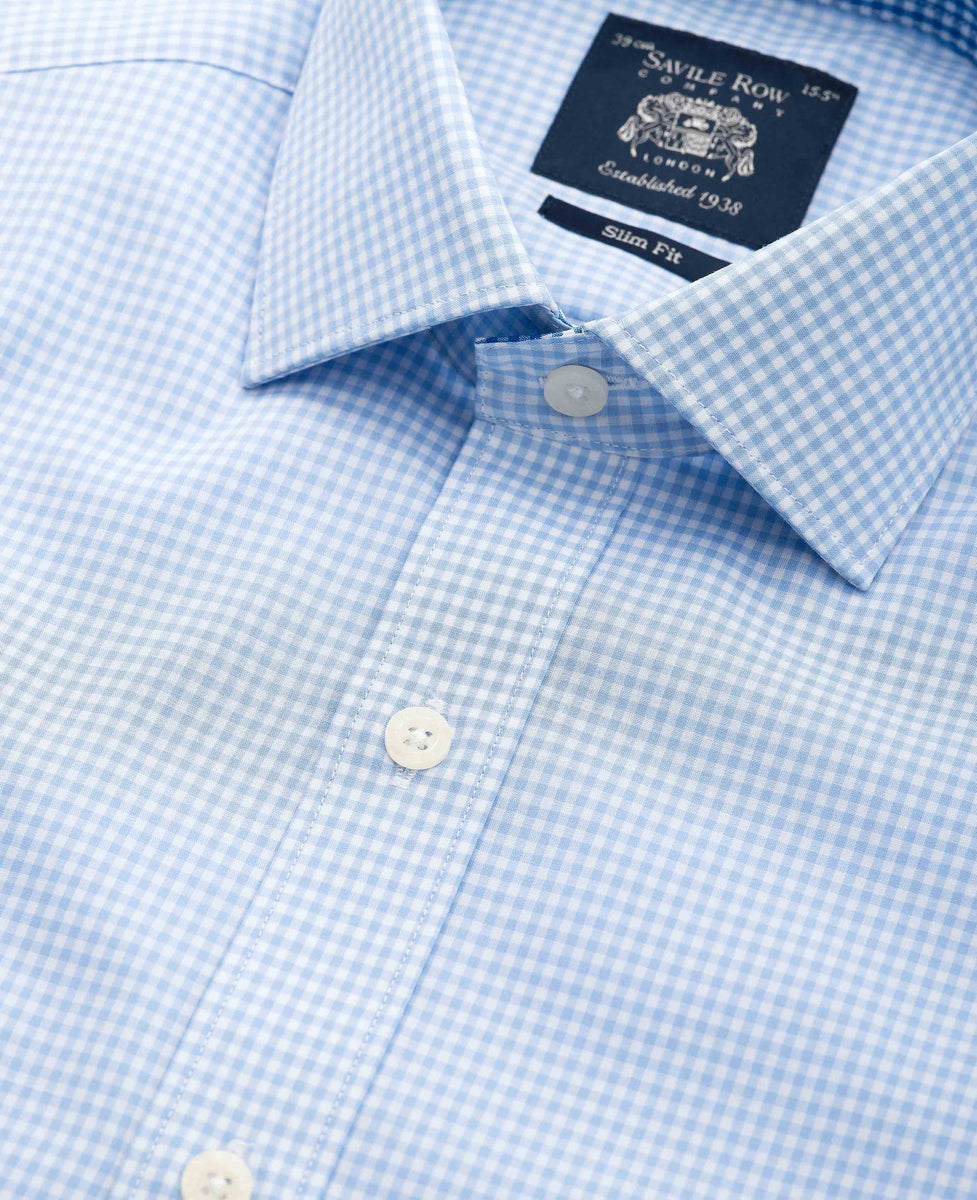 Men's Sky Blue Cotton Gingham Slim Fit Formal Shirt With Single Cuffs ...