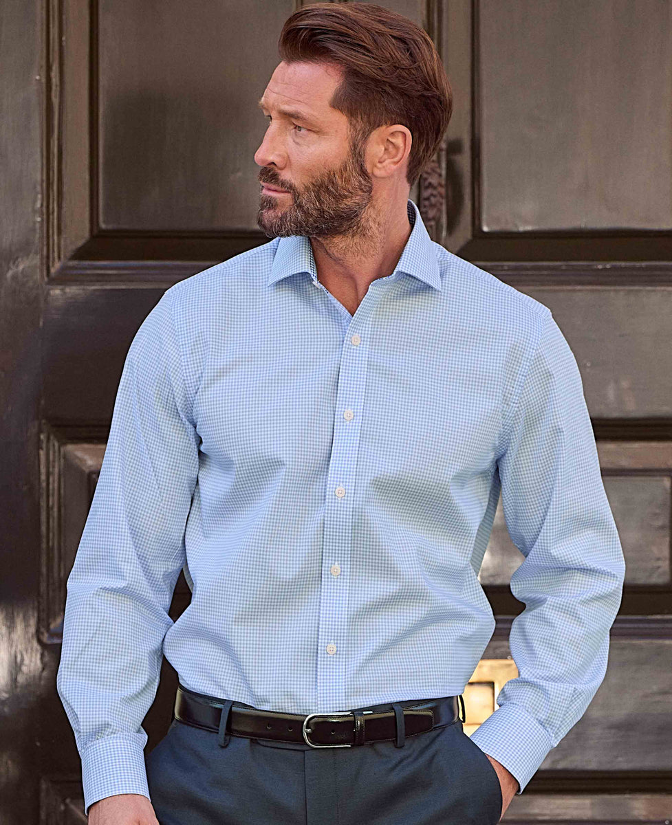 Men's Sky Blue Cotton Gingham Slim Fit Formal Shirt With Single Cuffs ...