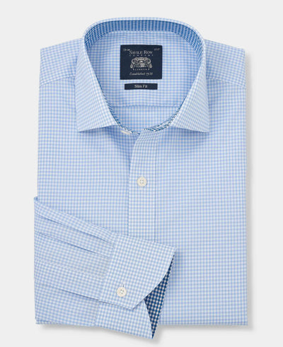 Men's Sky Blue Cotton Gingham Slim Fit Formal Shirt folded