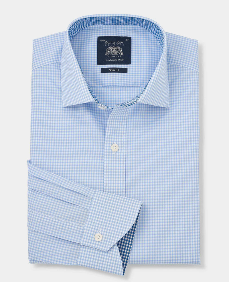 Men's Sky Blue Cotton Gingham Slim Fit Formal Shirt folded