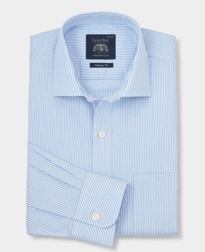 Sky Blue Cotton Twill Classic Fit Striped Smart Casual Shirt - Single Cuff
