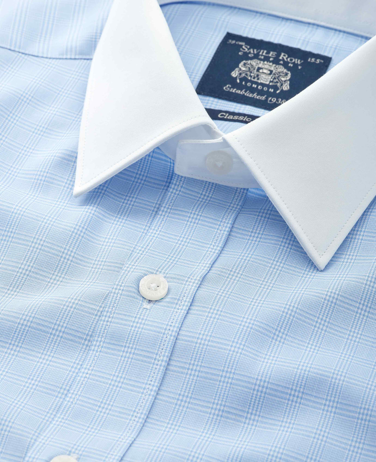 Men's Sky Blue Cotton Twill Prince of Wales Check Classic Fit Winchester Formal Shirt With Double Cuffs collar detail