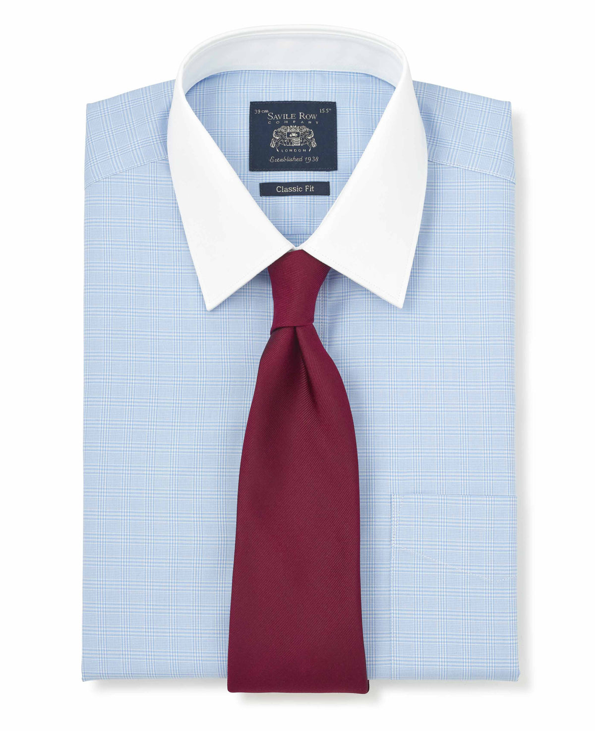 Men's Sky Blue Cotton Twill Prince of Wales Check Classic Fit Winchester Formal Shirt With Double Cuffs folded with tie