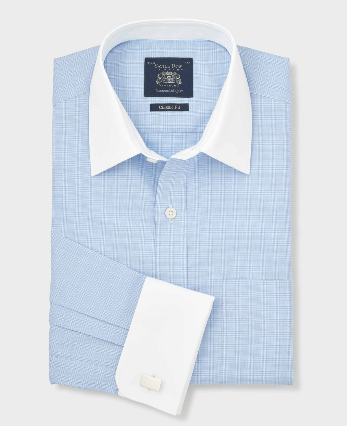 Men's Sky Blue Cotton Twill Prince of Wales Check Classic Fit Winchester Formal Shirt With Double Cuffs folded shot